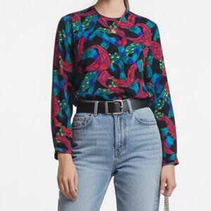 Vintage 80s Bold Abstract Silk Blouse Maximalist Memphis Design Print Sz 8